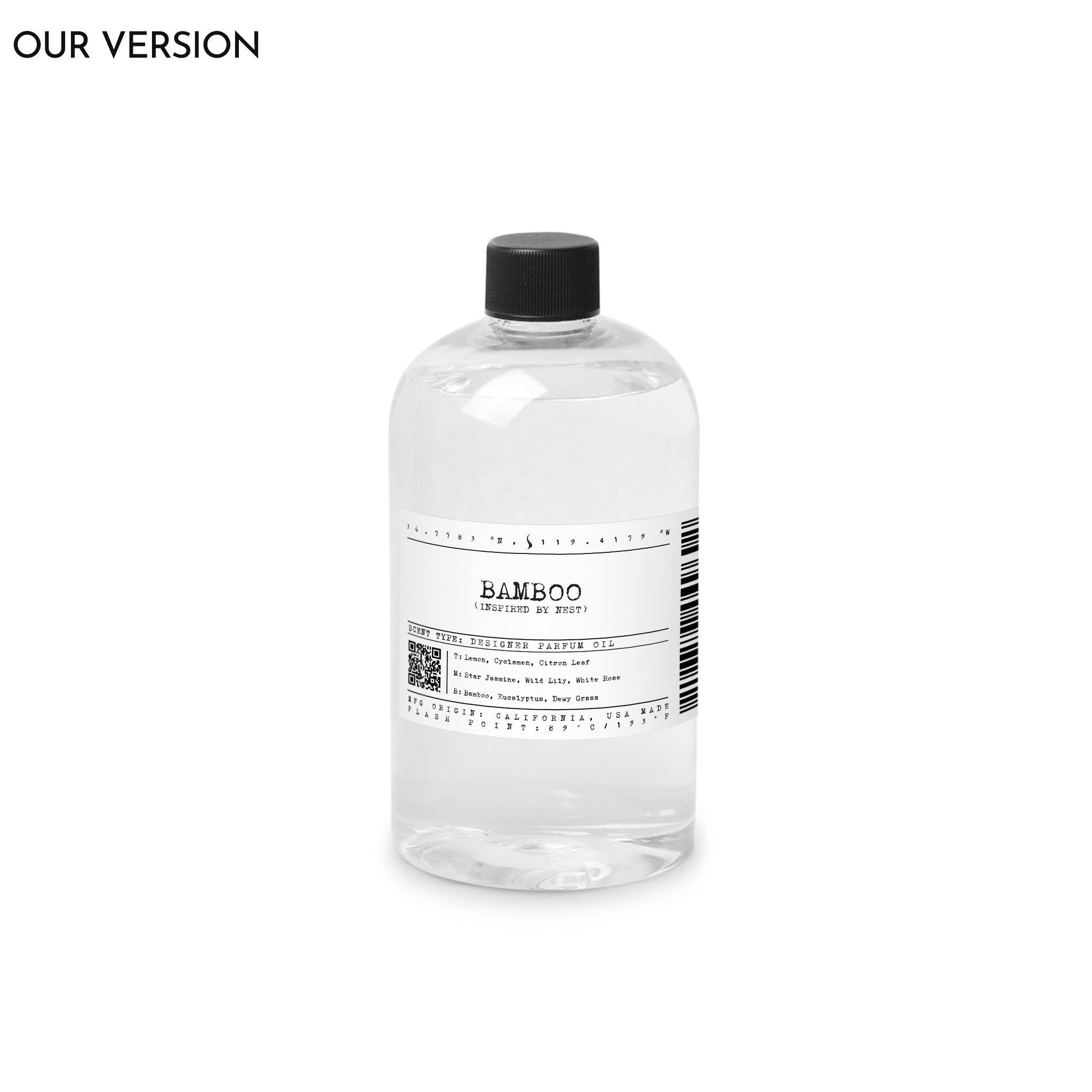 Clear bottle with black cap labeled 'Bamboo' on white background