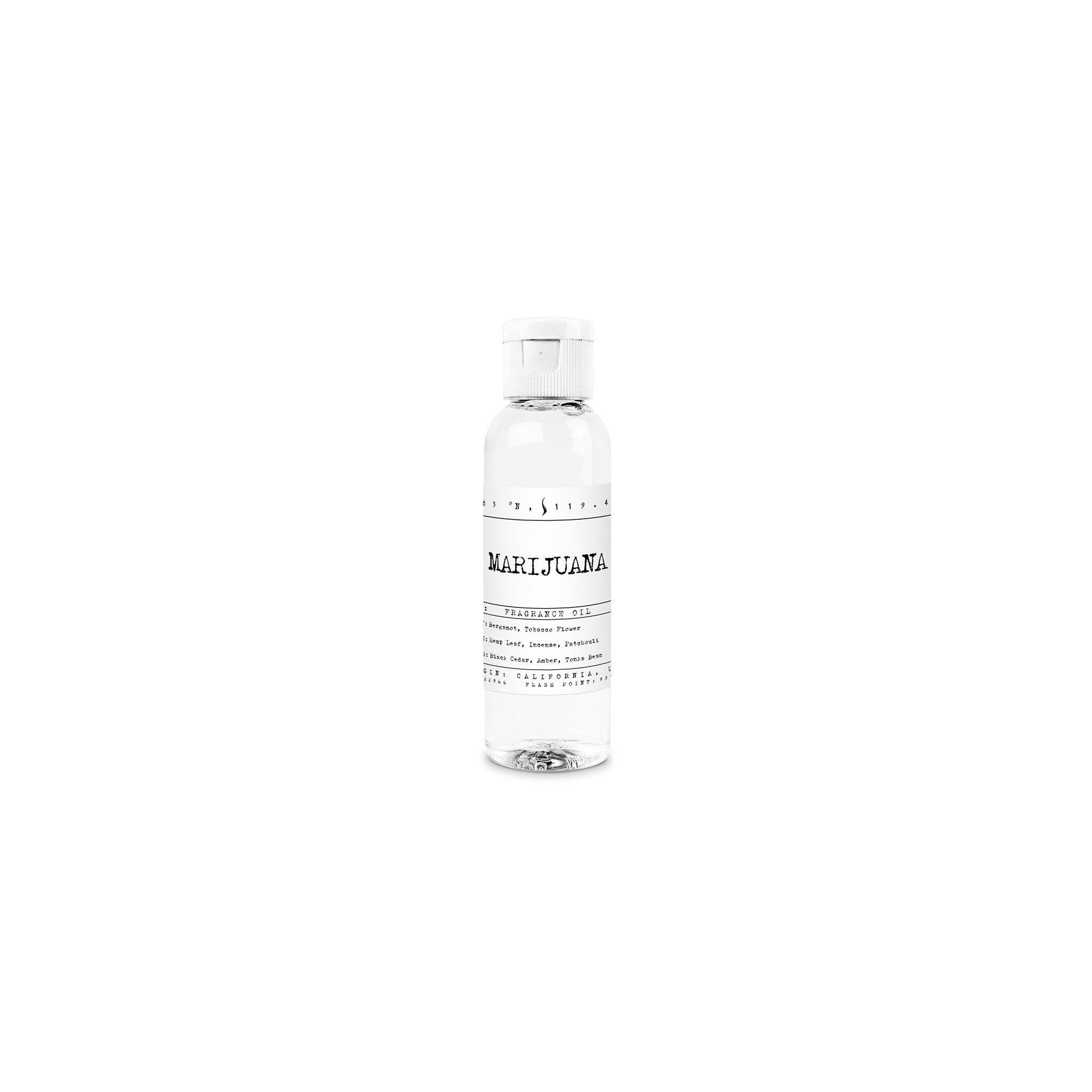 A clear bottle with a white label containing the fragrance oil. The label has the word 'MARIJUANA' printed on it.
