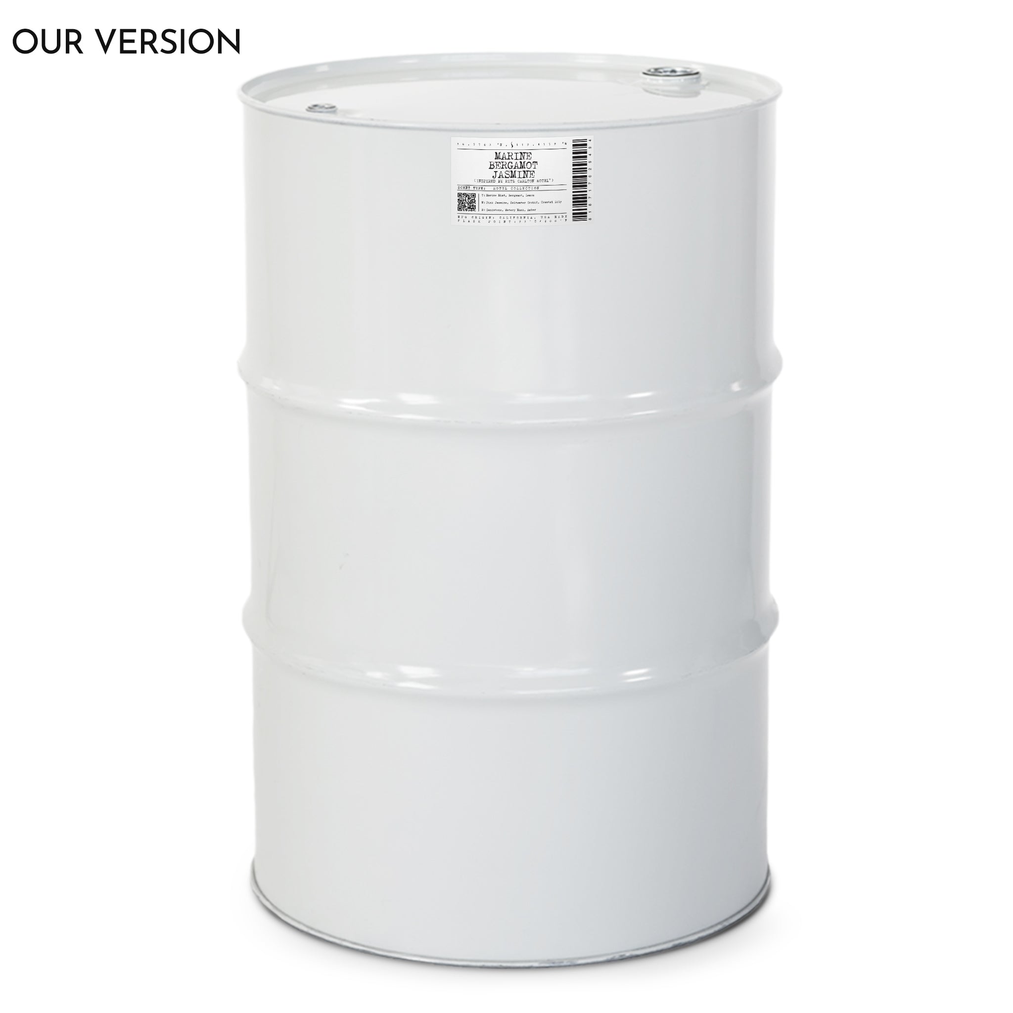 White industrial drum with label on a white background