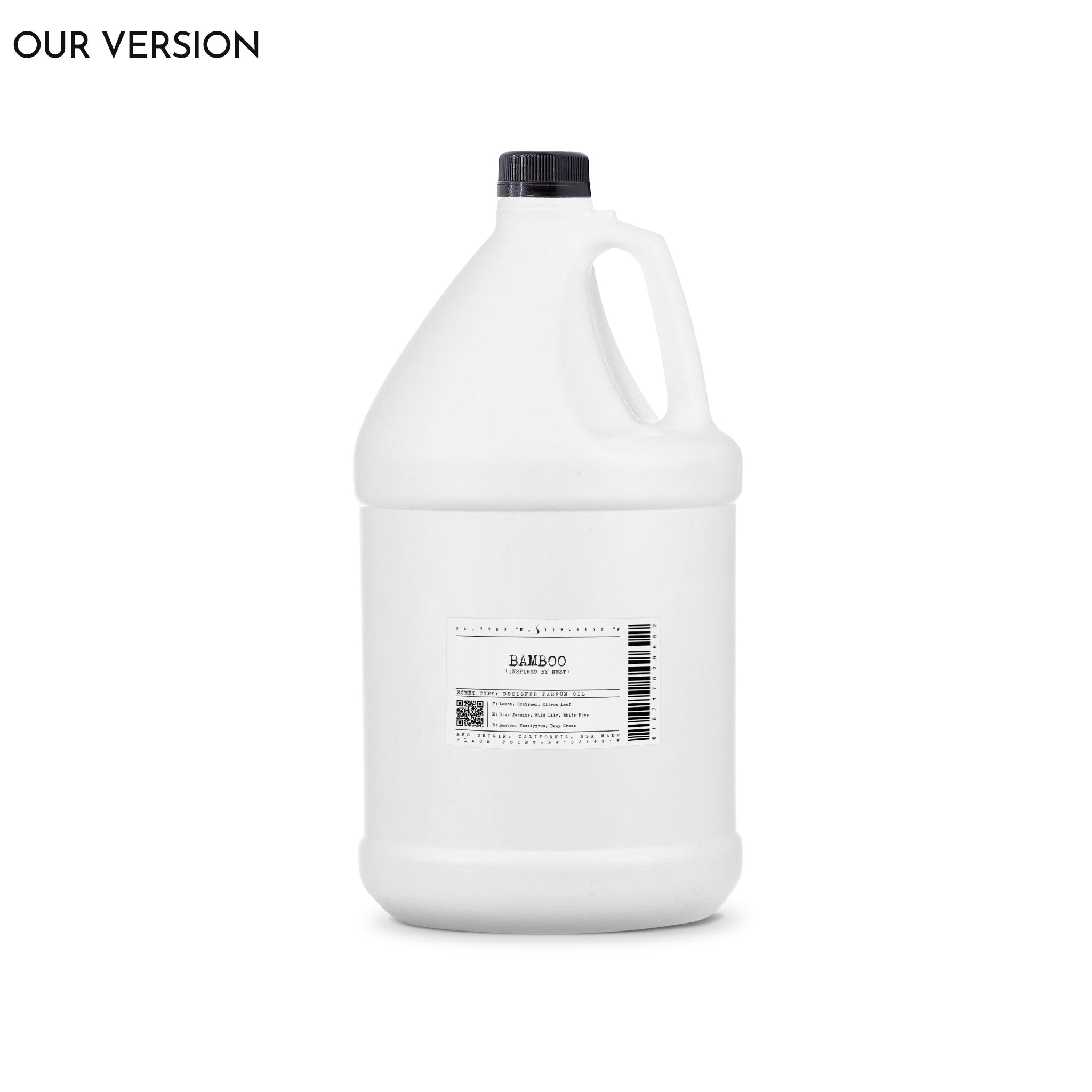 White gallon bottle with black cap on a white background