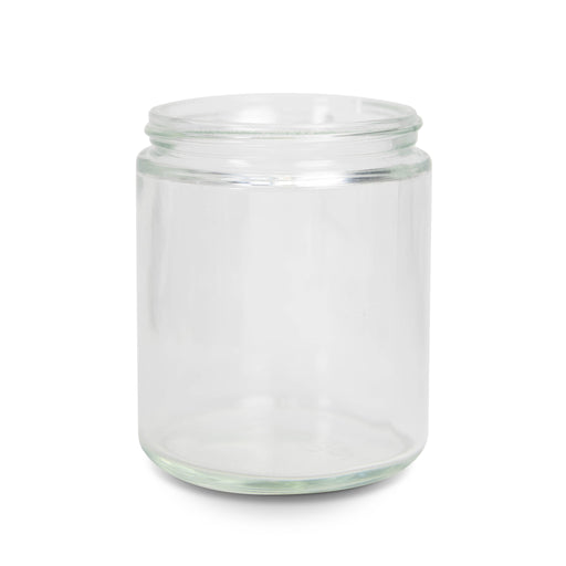 An 8 oz straight-sided jar made of clear colored glass, commonly used for candle making. - Clear Straight Sided Jar